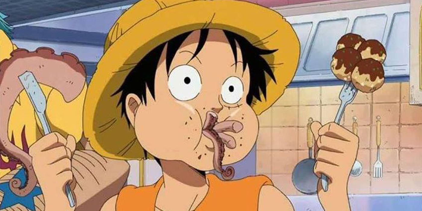 Monkey D Luffy eating his fill during One Piece