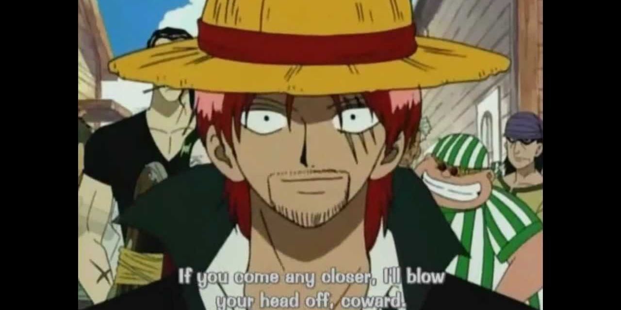 Shanks and the Red Hair Pirates confronting the mountain bandits that kidnapped Monkey D. Luffy during One PIece's first arc