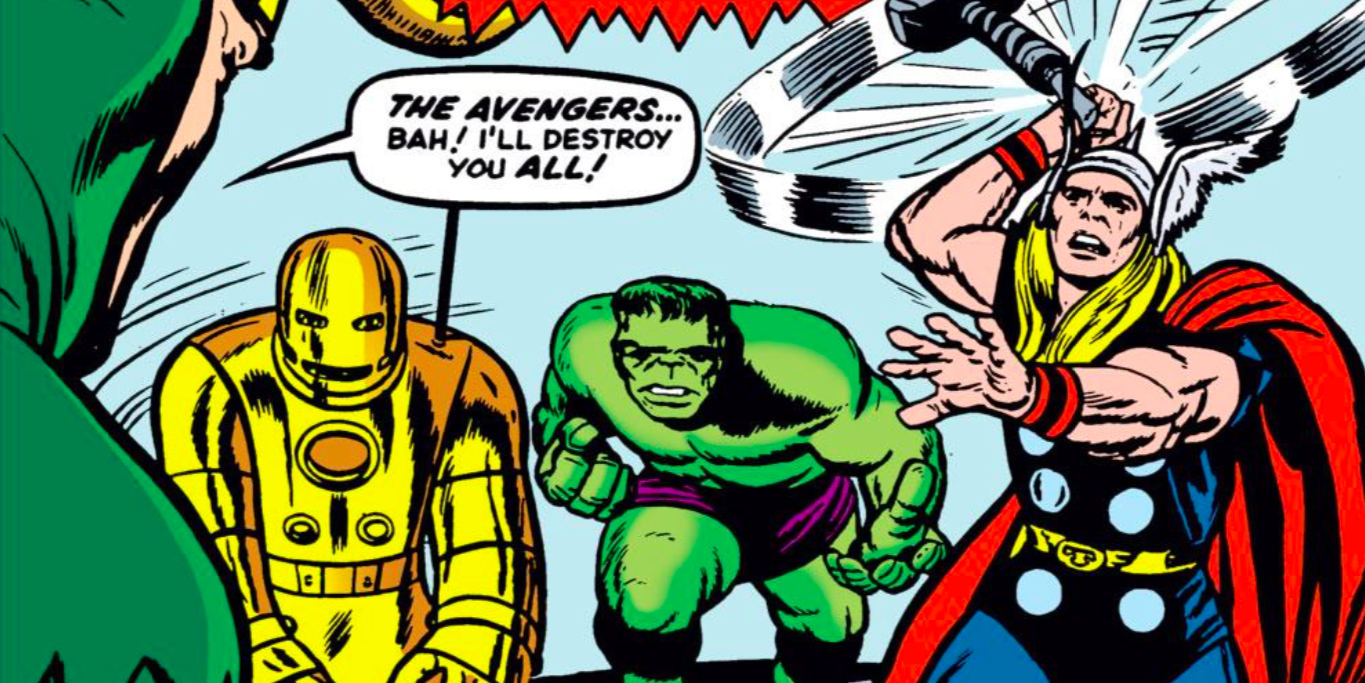 The orignal Avengers battling Loki on the cover of Avengers number 1