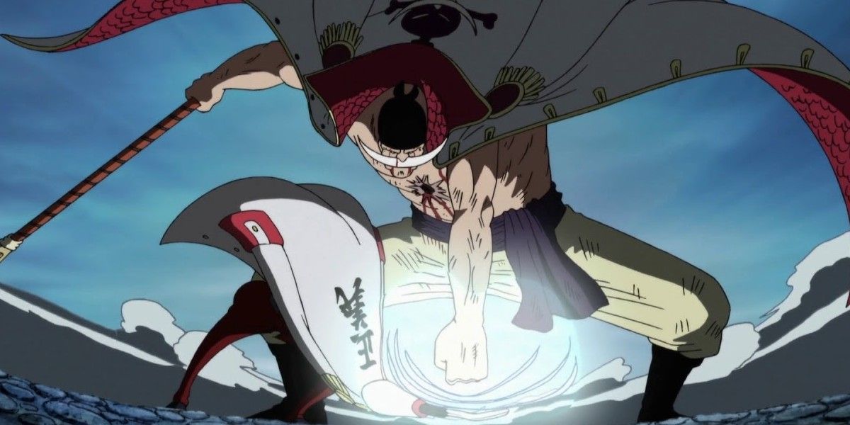 Whitebeard hitting Akainu during the Summit War in One Piece