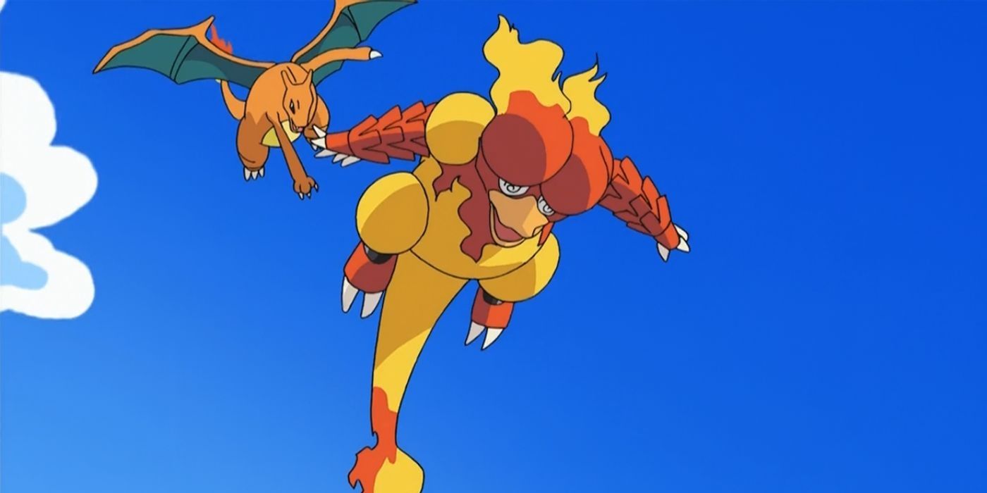 Charizard fighting Magmar in the Pokemon anime