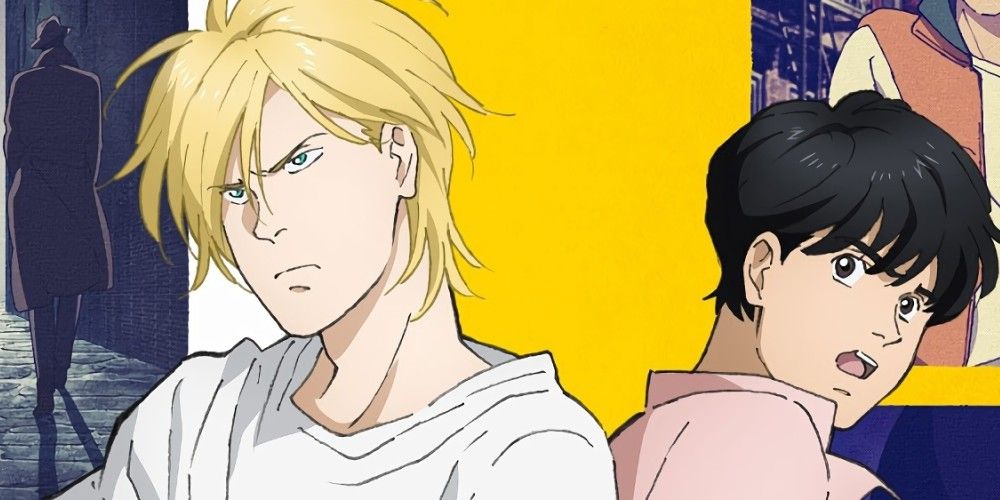 Ash and Eiji standing back to back looking surprised in Banana Fish