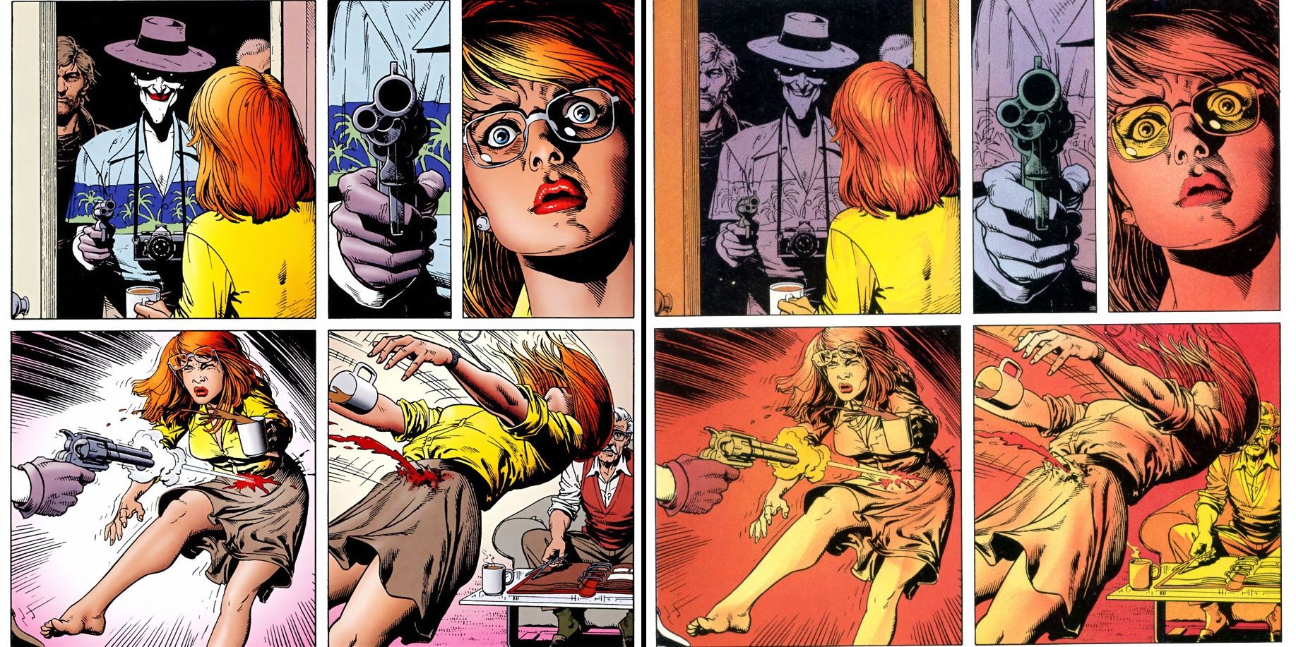 two versions in different color palettes of Barbara Gordon being shot through the spine by The Joker