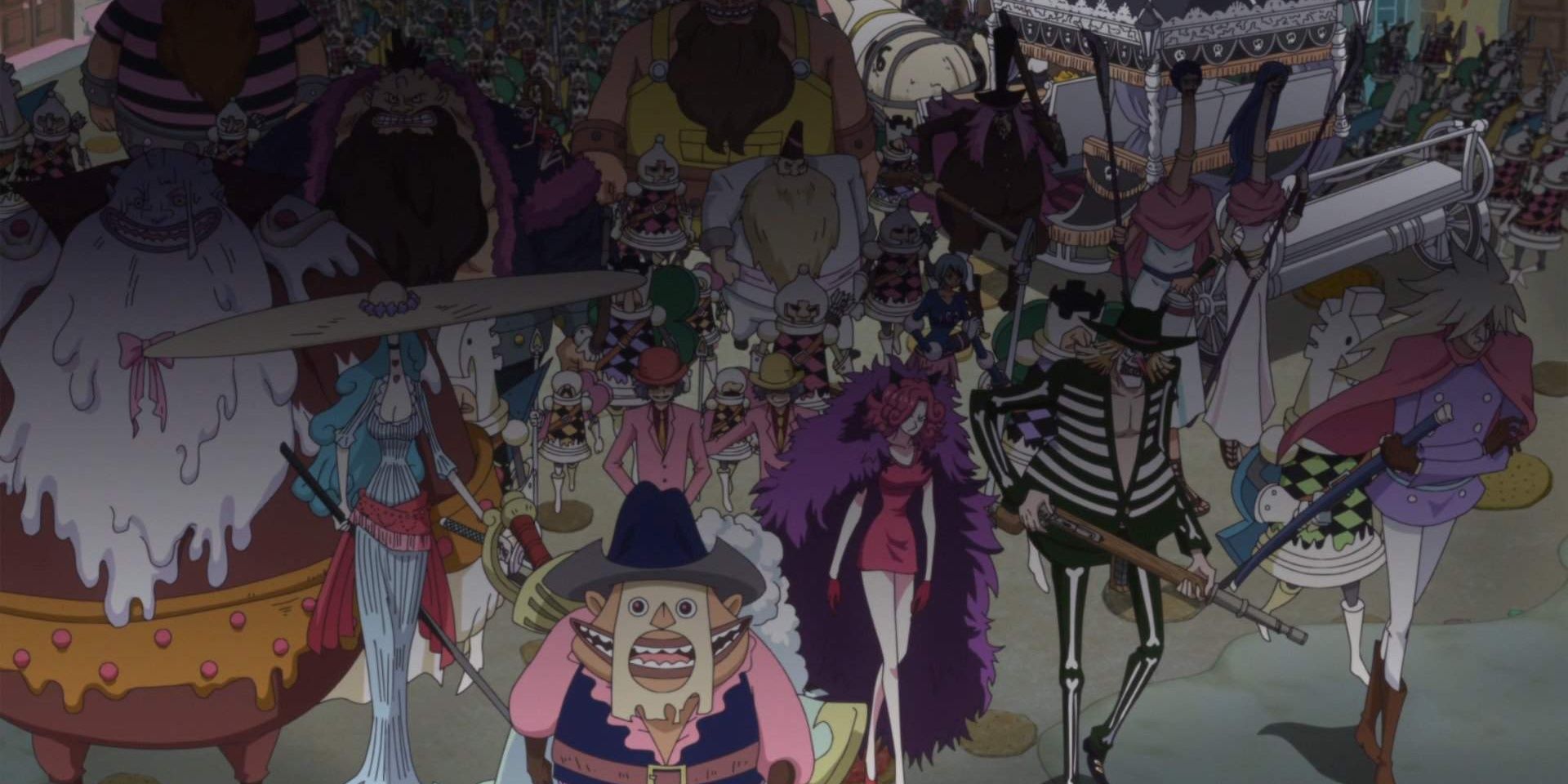The Big Mom Pirates assemble to attack Luffy in One Piece.
