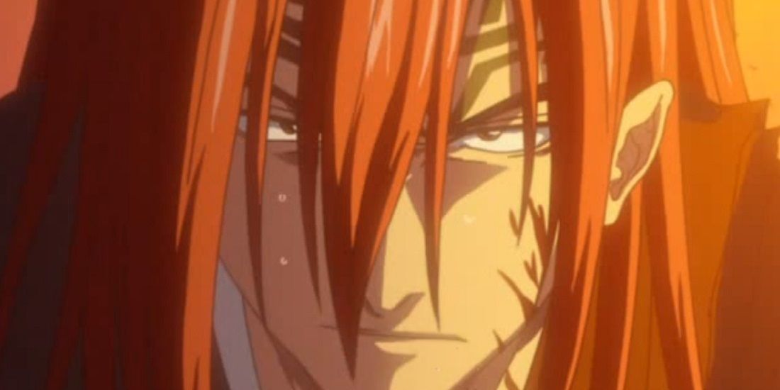 A close-up shot showing Renji with his hair untied and cascading over his face
