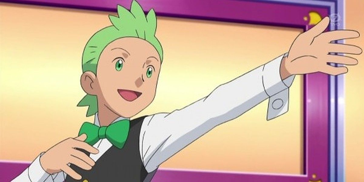 Cilan gesturing in a friendly, dramatic was in Pokémon