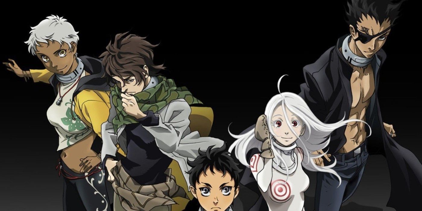 The cast of Deadman Wonderland in various poses in front of a black background.