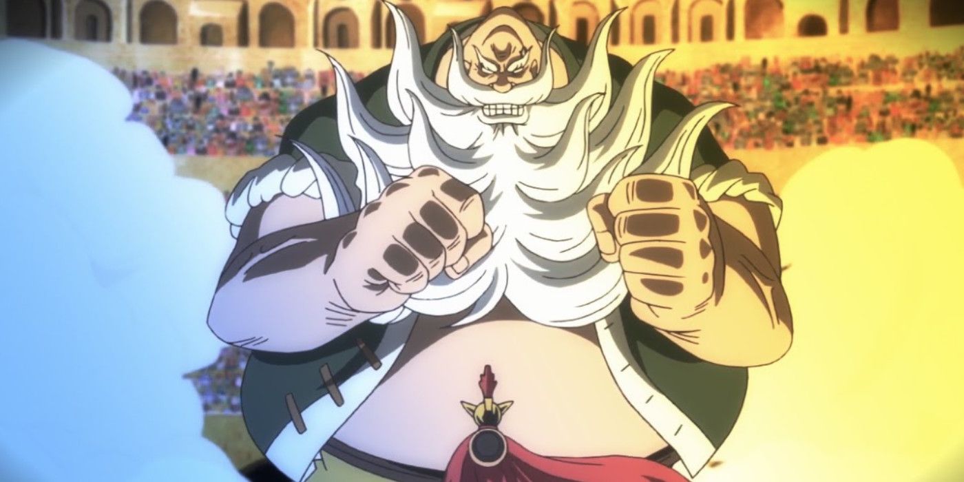 Don Chinjao scaring off against Monkey D. Luffy for the Mera Mera no Mi in One Piece's Dressrosa arc.