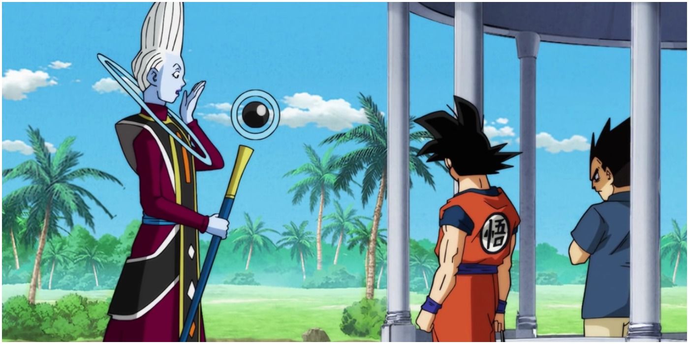 Dragon Ball Super's Goku, Vegeta, and Whis during a joint training session