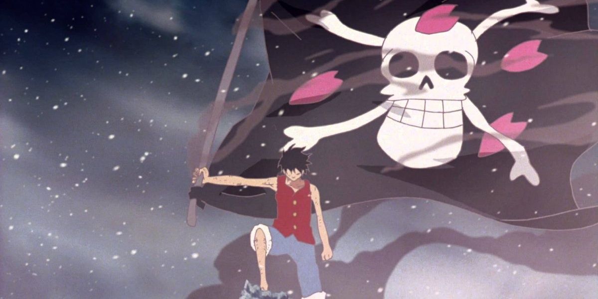 Monkey D. Luffy holds Dr. Hiriluk's Jolly Roger during One Piece: Episode of Chopper