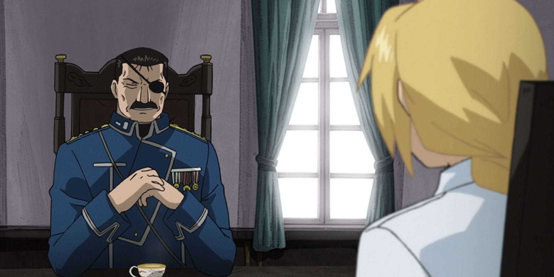 a general sitting across the table from a blonde character