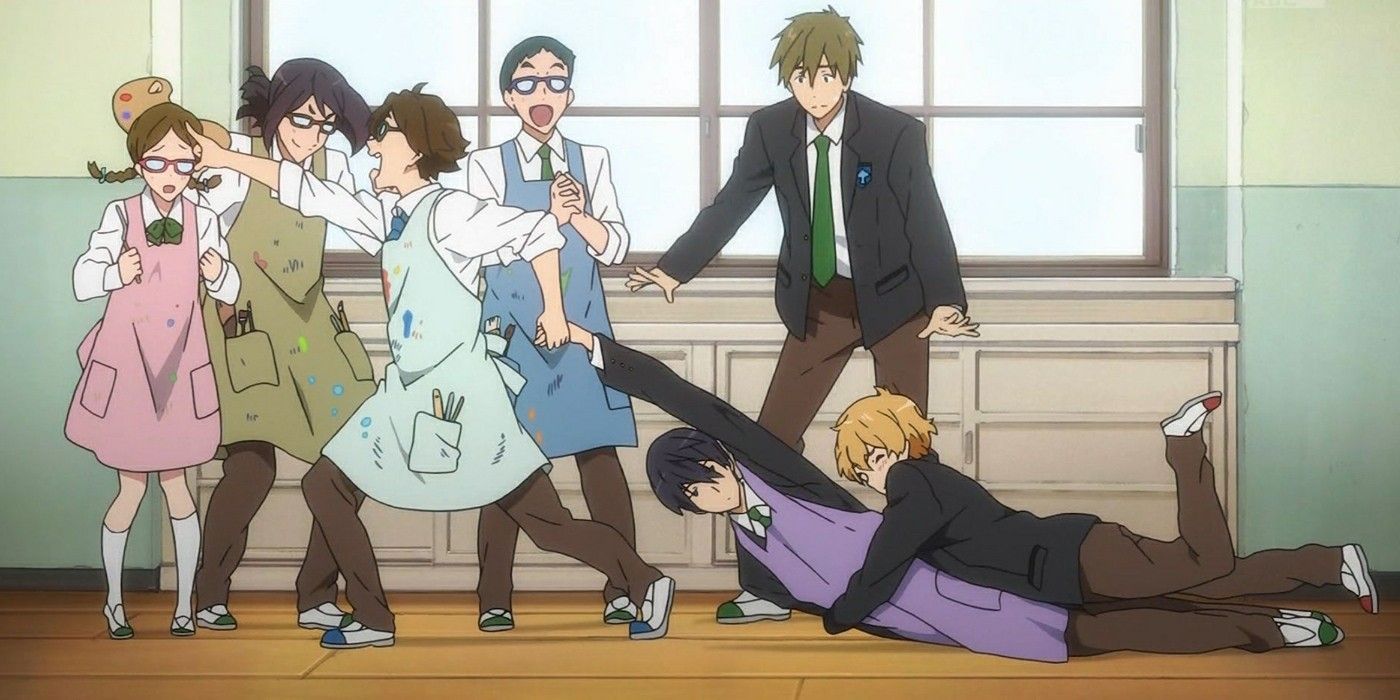 Haru being dragged across the floor while Nagisa holds on in Free! Iwatobi Swim Club