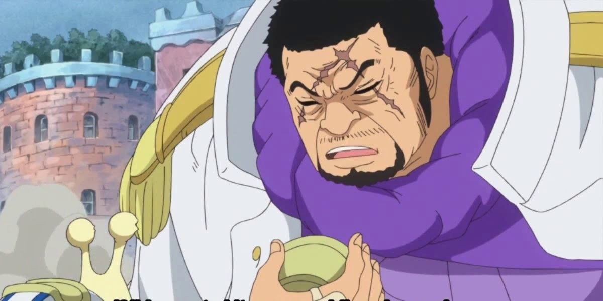 Fujitora using a transponder snail during the Dressrosa arc in One Piece