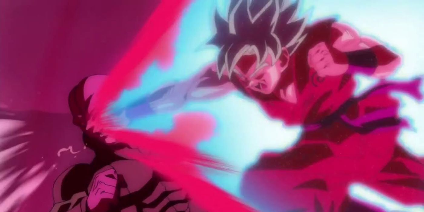 Blue Kaio-Ken Goku defeats Hit in the Tournament of Destroyers in Dragon Ball Super.