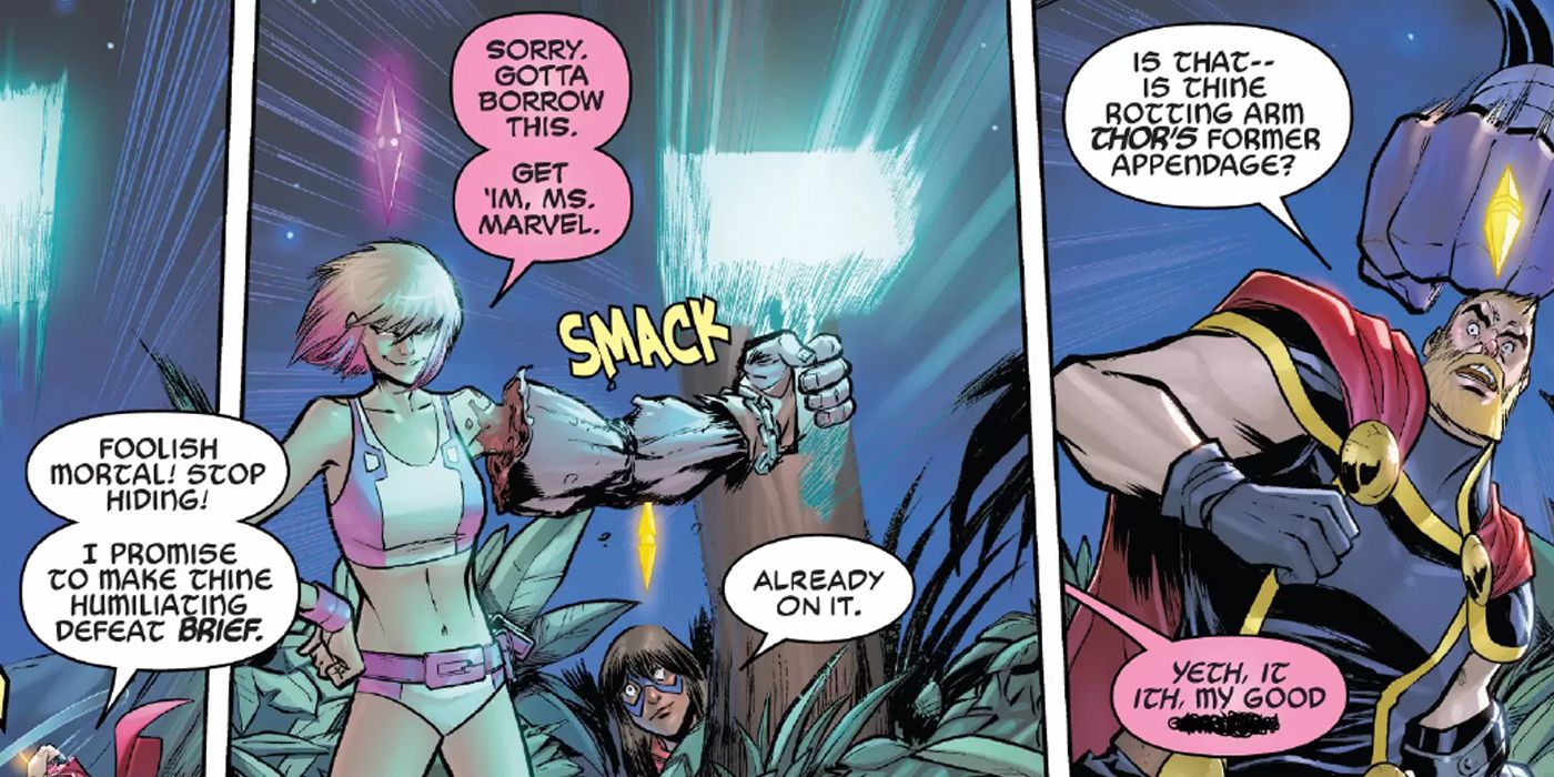 To Thor's surprise, Gwenpool uses his severed arm like a glove to wield Mjolnir