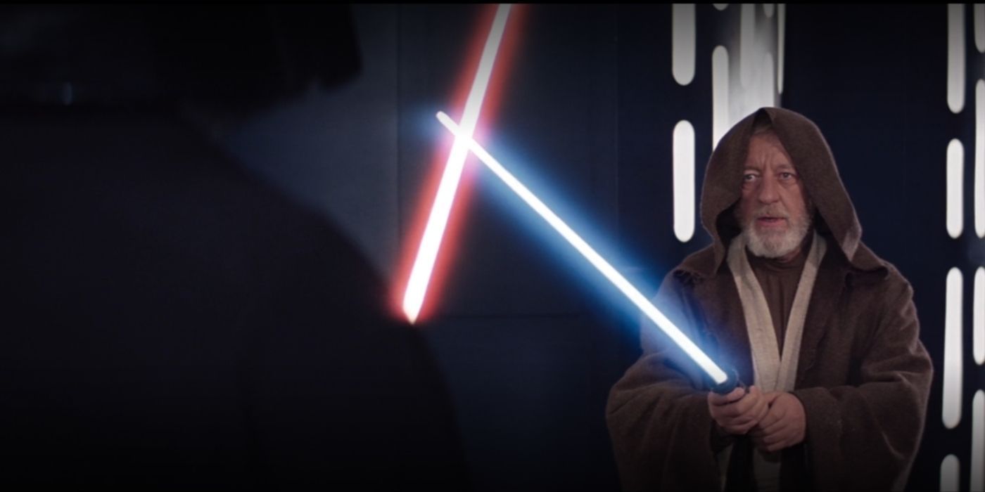 Obi-Wan Kenobi facing off against Darth Vader in Star Wars: A New Hope.