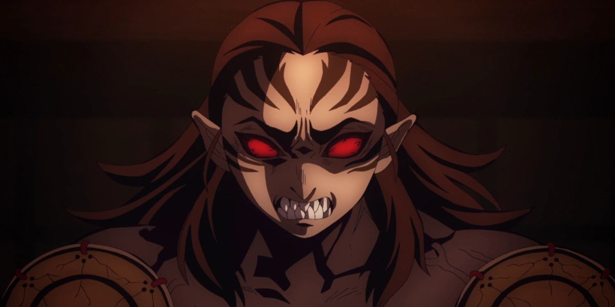 Kyogai de Demon Slayer mostrando suas presas