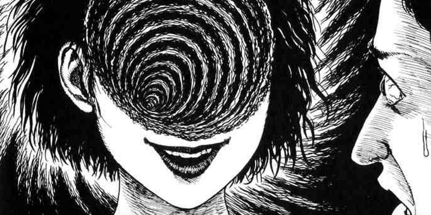 Manga art of a woman with a spiral for a face in the horror story Uzumaki