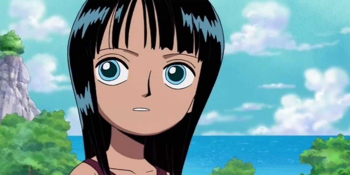 Kid Nico Robin looking to the side in One Piece.