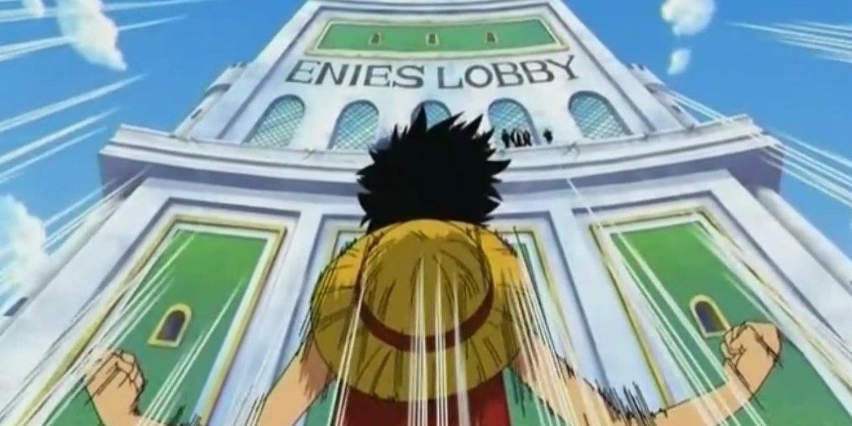 Luffy shouts up at Robin in One Piece