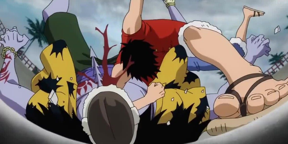 Luffy defeats Arlong in One Piece.