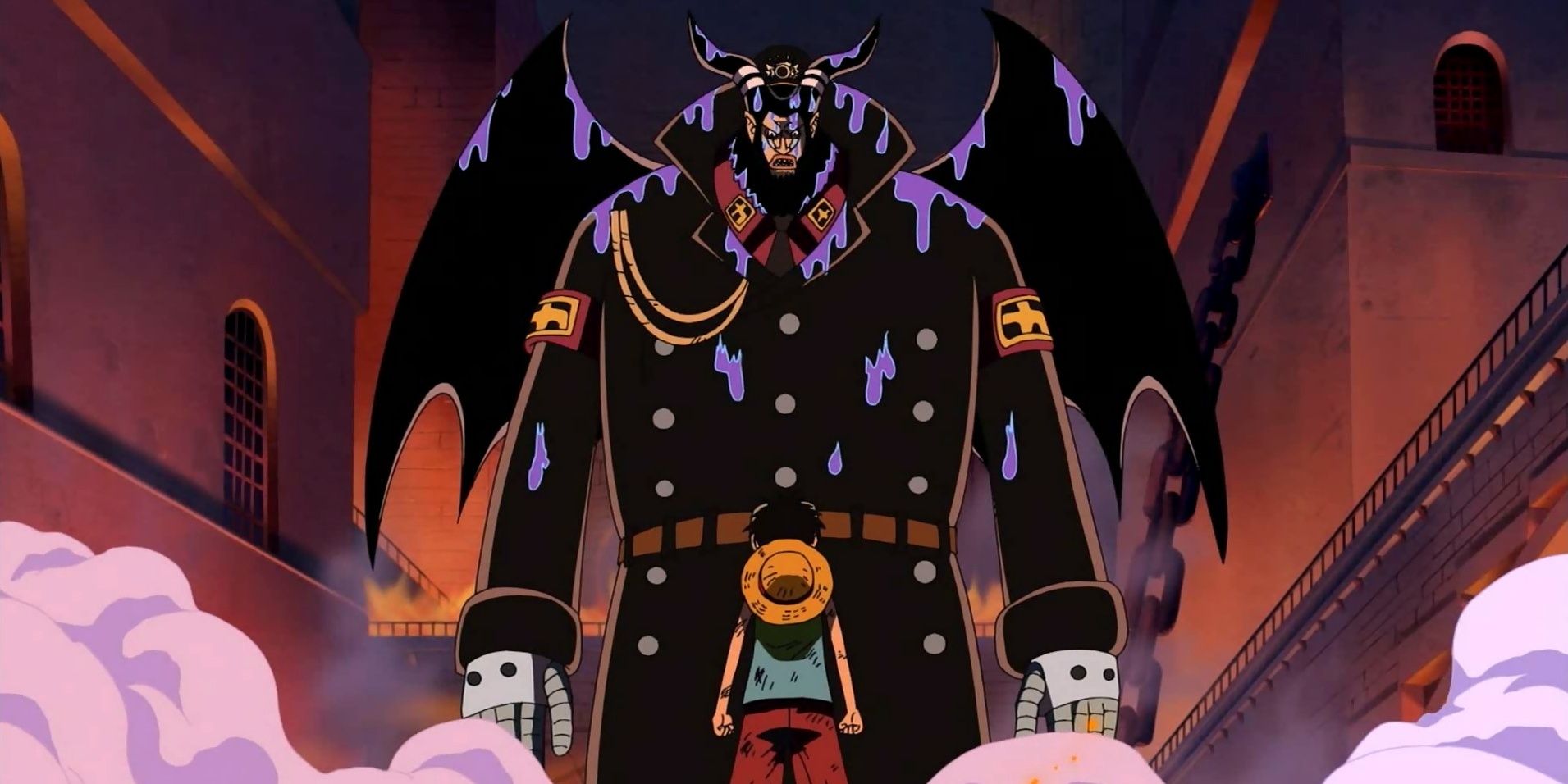 Magellan towers over Luffy in Impel Down in One Piece