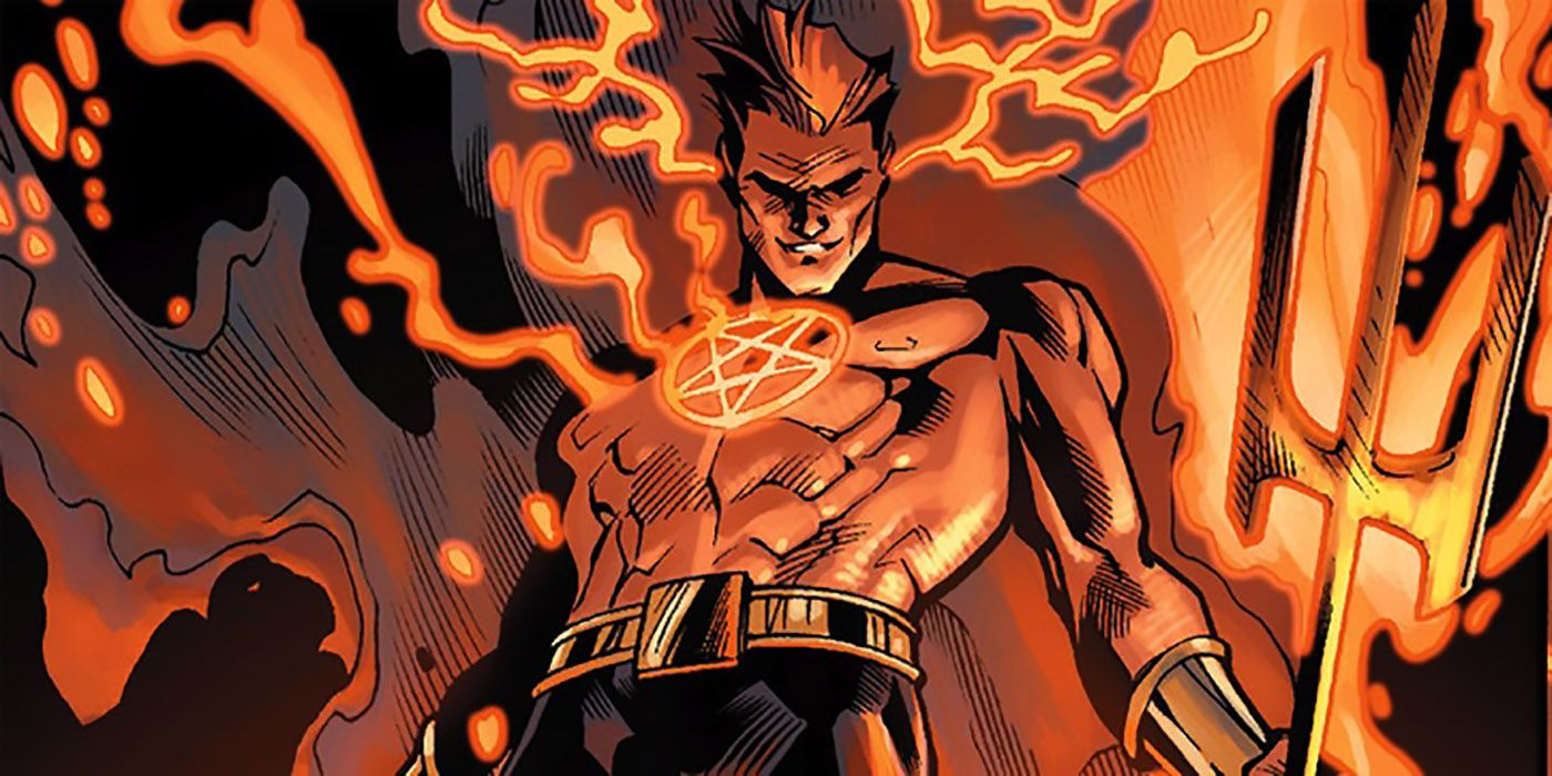 Daimon Hellstrom staring downward surrounded by fiery lava.
