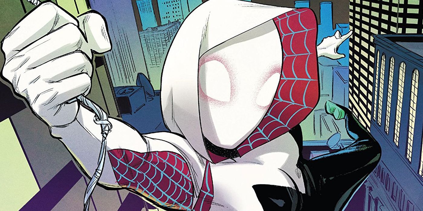 Marvel's Ghost-Spider swinging on a web between lit buildings by night