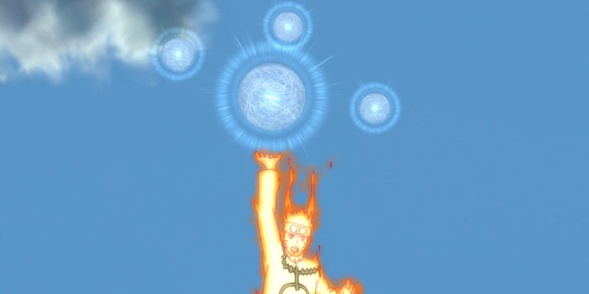 Naruto Uzumaki from Naruto Shippūden, wearing his Sage cloak and about to perform his Planetary Rasengan