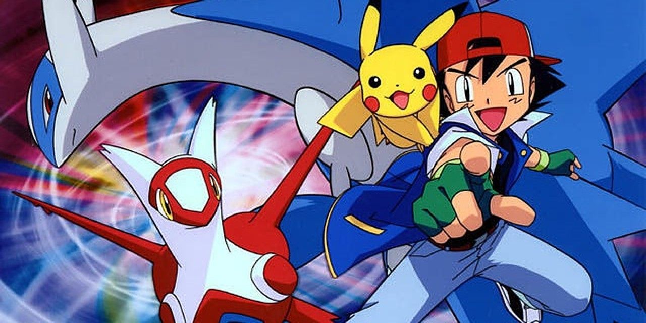 Ash and Pikachu fly toward the screen with Latias and Latios