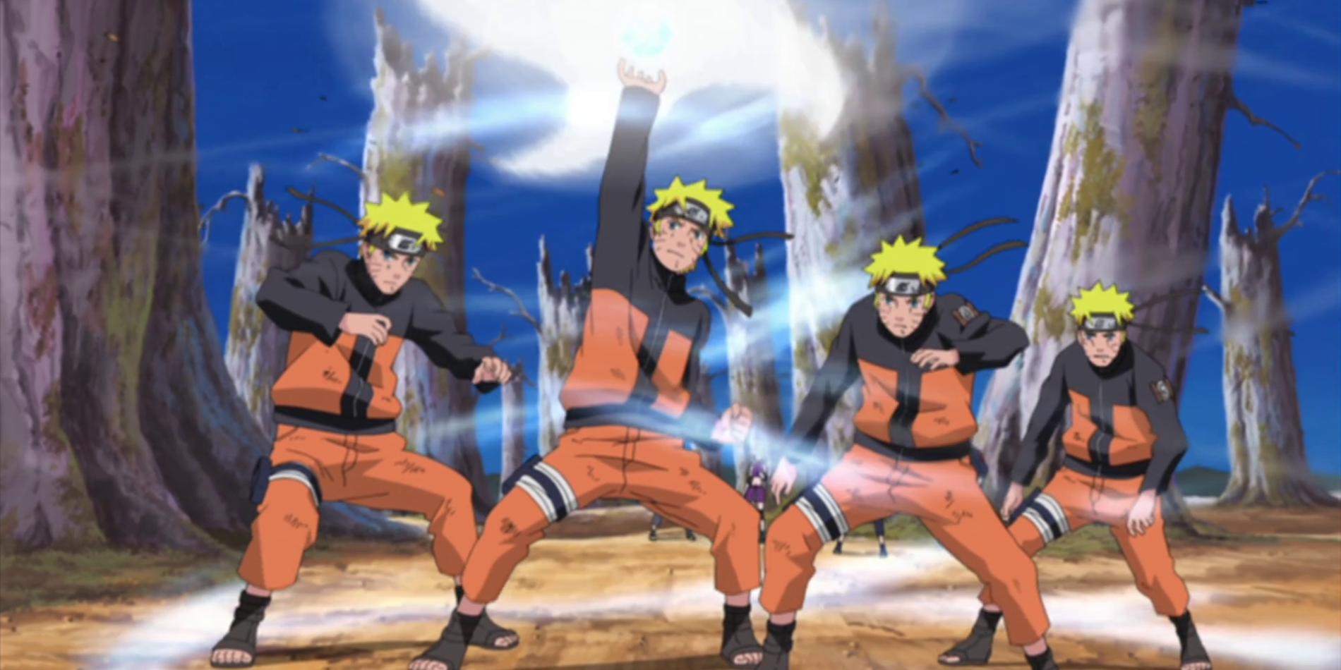 Naruto Uzumaki from Naruto Shippūden, with his shadow clones about to perform the Rasenshuriken