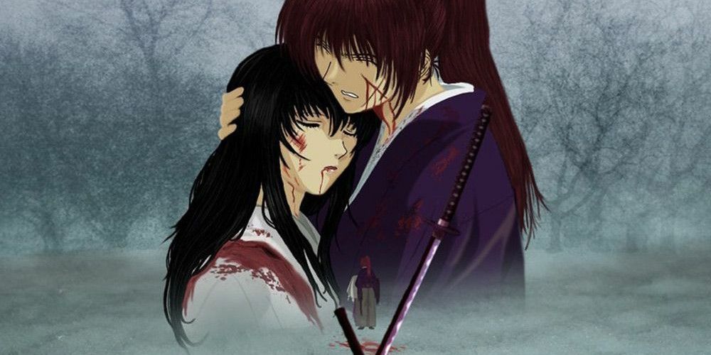 Kenshin segura Tomoe enquanto ela morre em seus braços em Rurouni Kenshin Trust and Betrayal