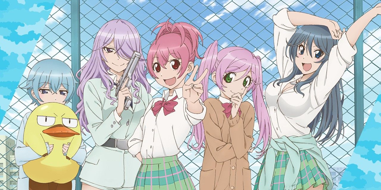 The characters from Sabagebu! -Survival Game Club!- posing in front of a chain-link fence in front of a cloudy blue sky.