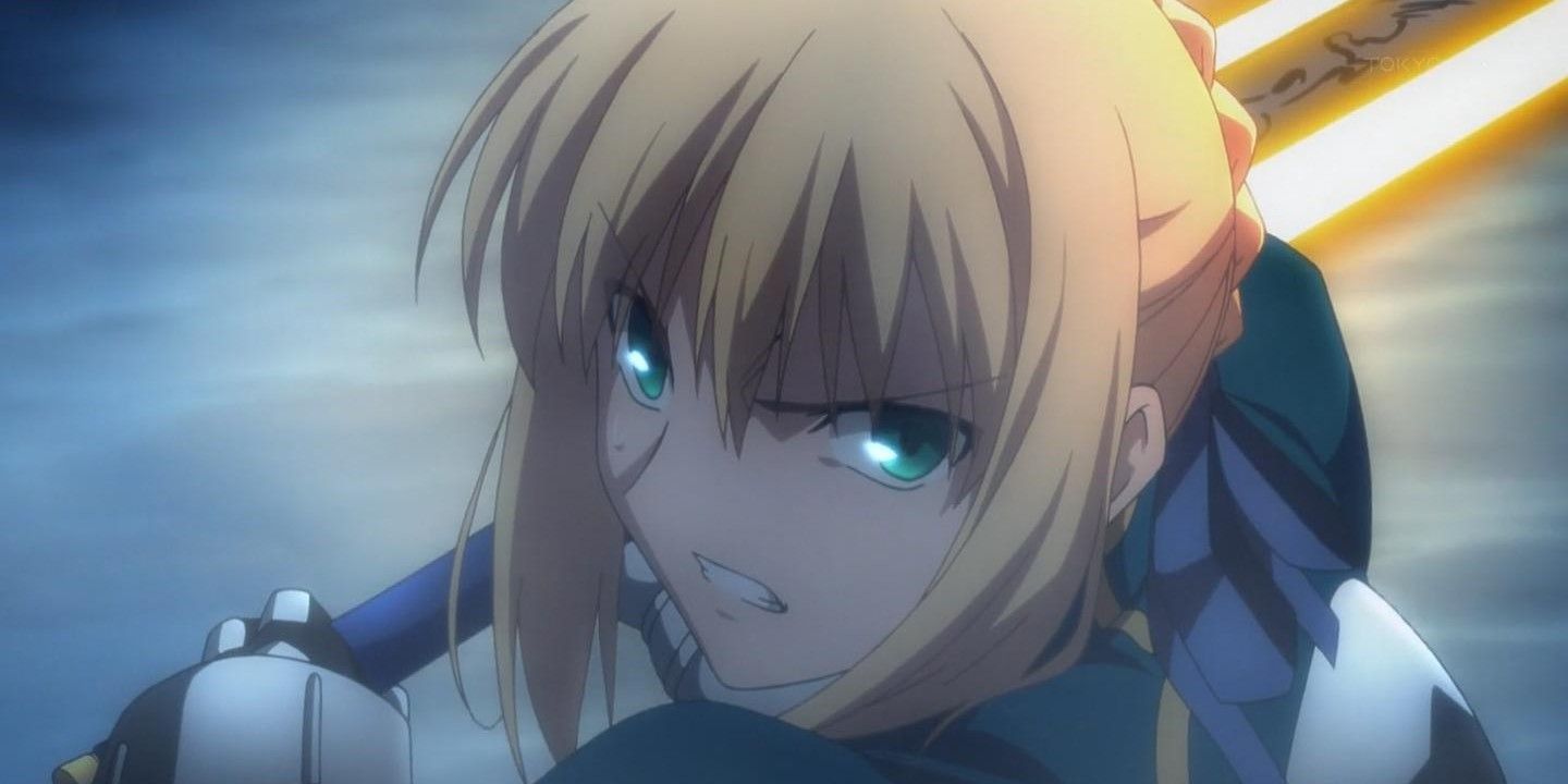 Saber reeling back with Excalibur from the Fate Series.