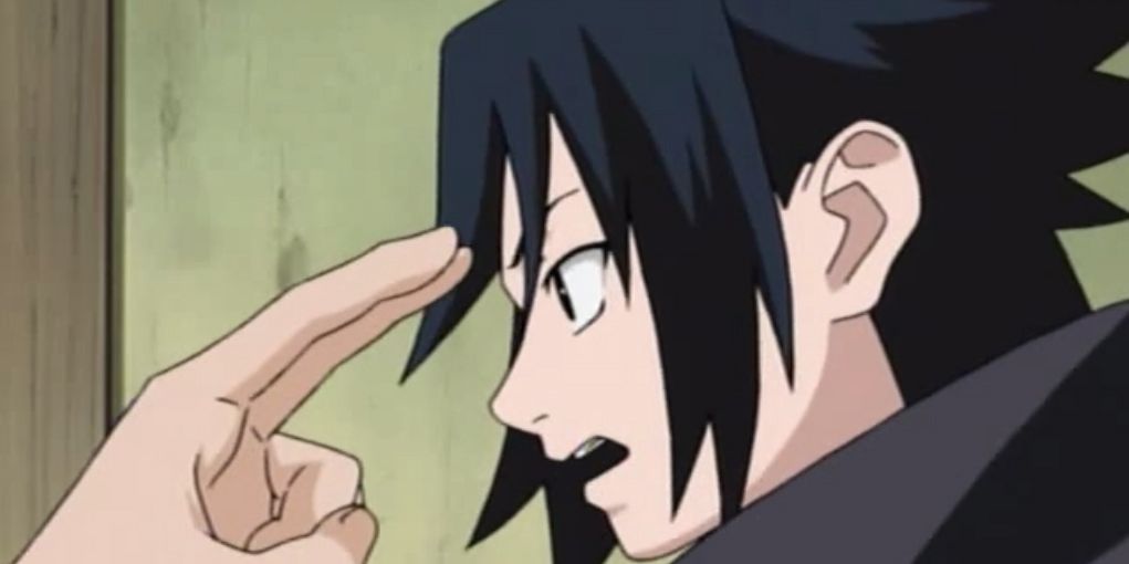 Itachi jabbing Sasuke's forehead