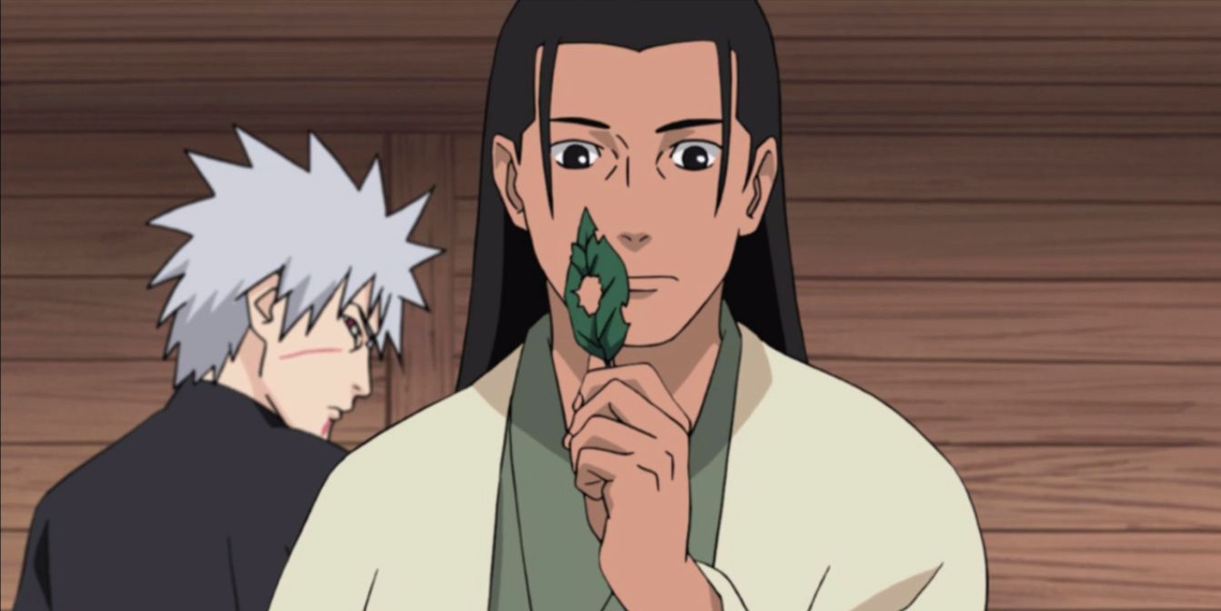 Hashirama Senju holding a leaf with Tobirama Senju looking over his shoulder on the left