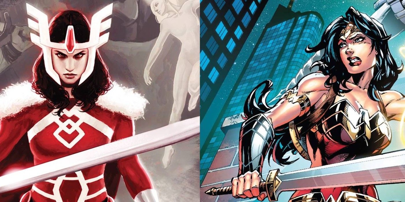 Sif and Wonder Woman holding a sword in the comics