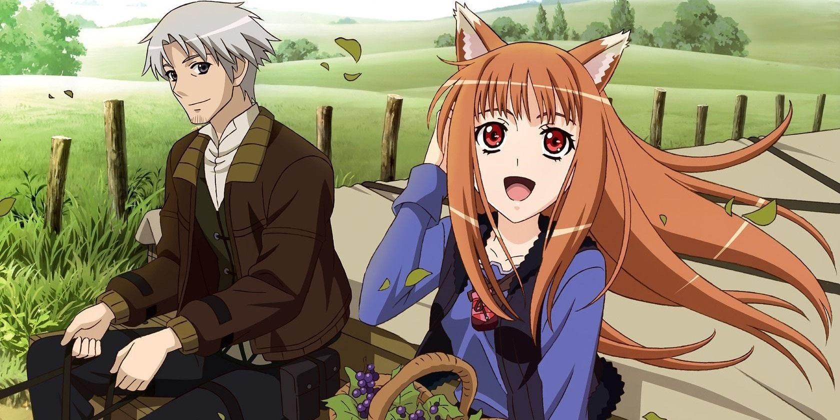 Lawrence and Holo from Spice and Wolf travel in their cart.