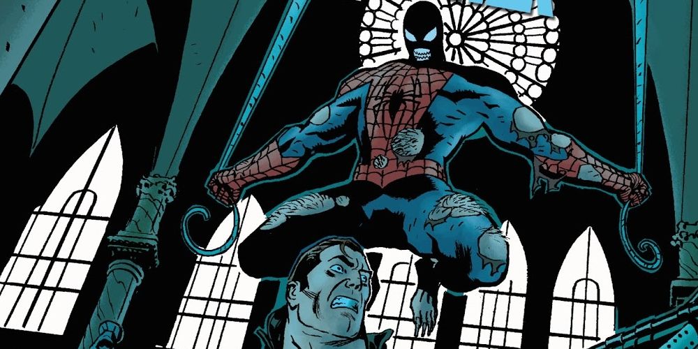Spider-Man as the cannibalistic Patient Zero dropping down on an unsuspecting Punisher from Marvel Comics