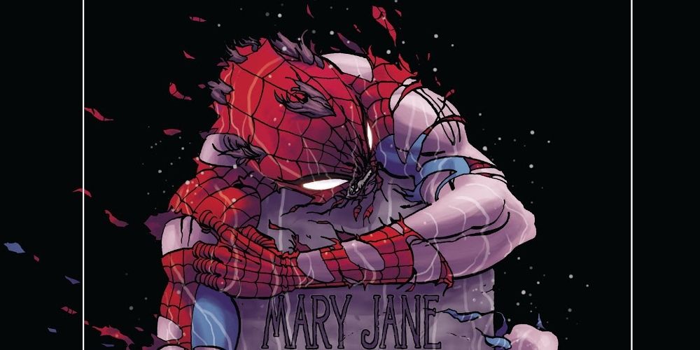 Spider-Man hugging Mary Jane's tombstone in Spider-Man Reign