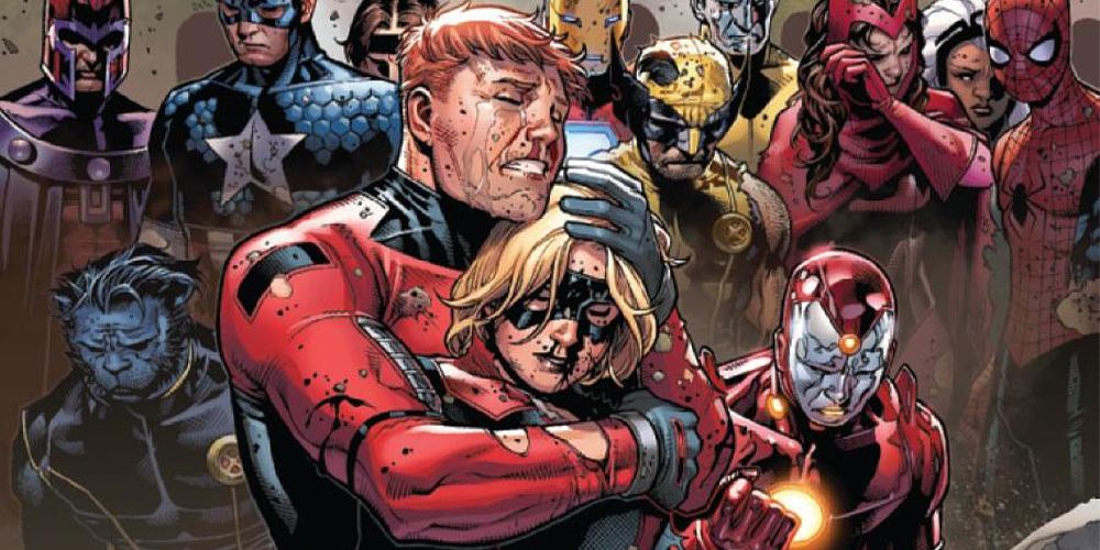 The Avengers and Young Avengers watch Scott Lang hold a dying Stature in Marvel Comics