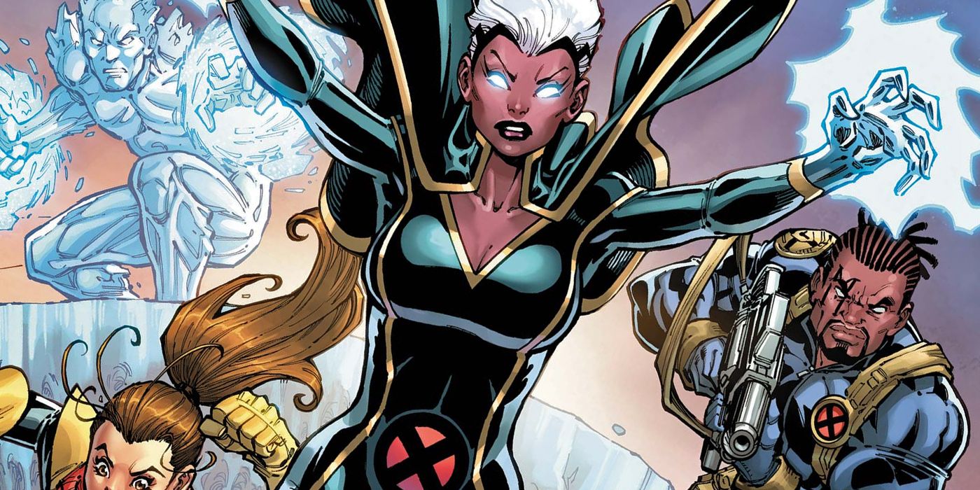 Marvel Comics' Storm posing in front of Kate Pryde, Iceman, and Bishops of Marauders feature