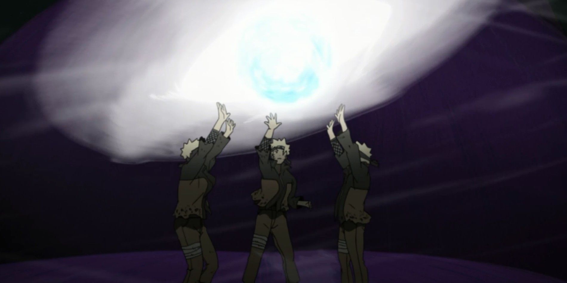 Naruto Uzumaki from Naruto Shippūden with his shadow clones, performing the Super Big Ball Rasenshuriken