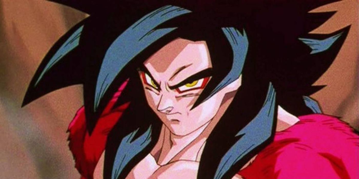 Goku with longer hair and a red outfit as a Super Saiyan 4 in Dragon Ball GT.