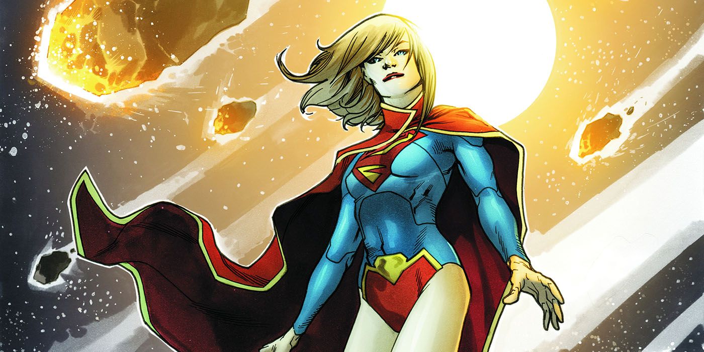 The New 52 version of Supergirl as comets streak through space behind her