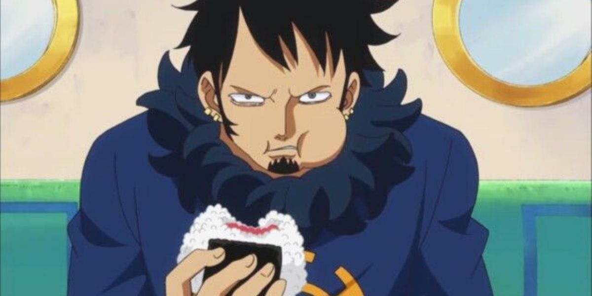Image shows Trafalgar Law eating onigiri for breakfast - One Piece