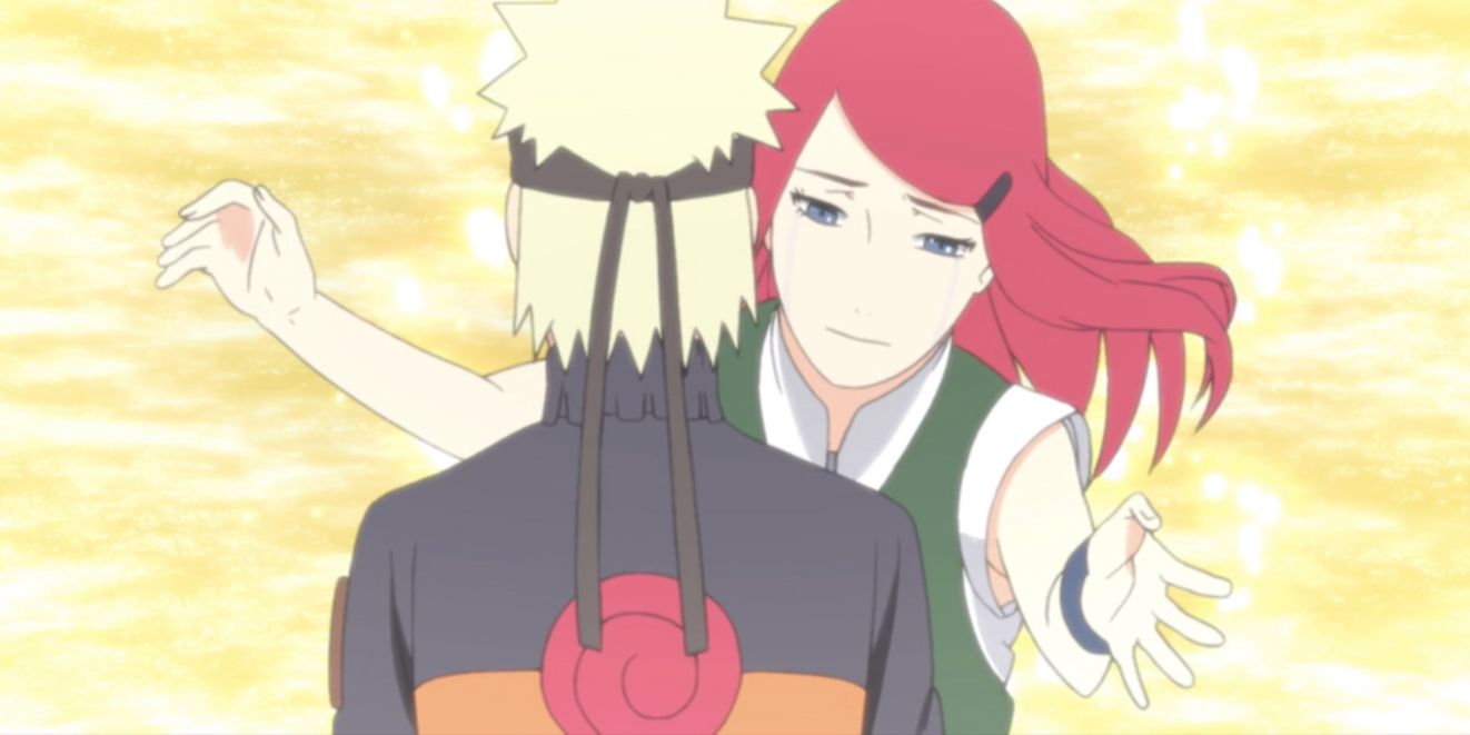 Image shows Naruto Uzumaki being hugged by his mother, Kushina, in his subconscious