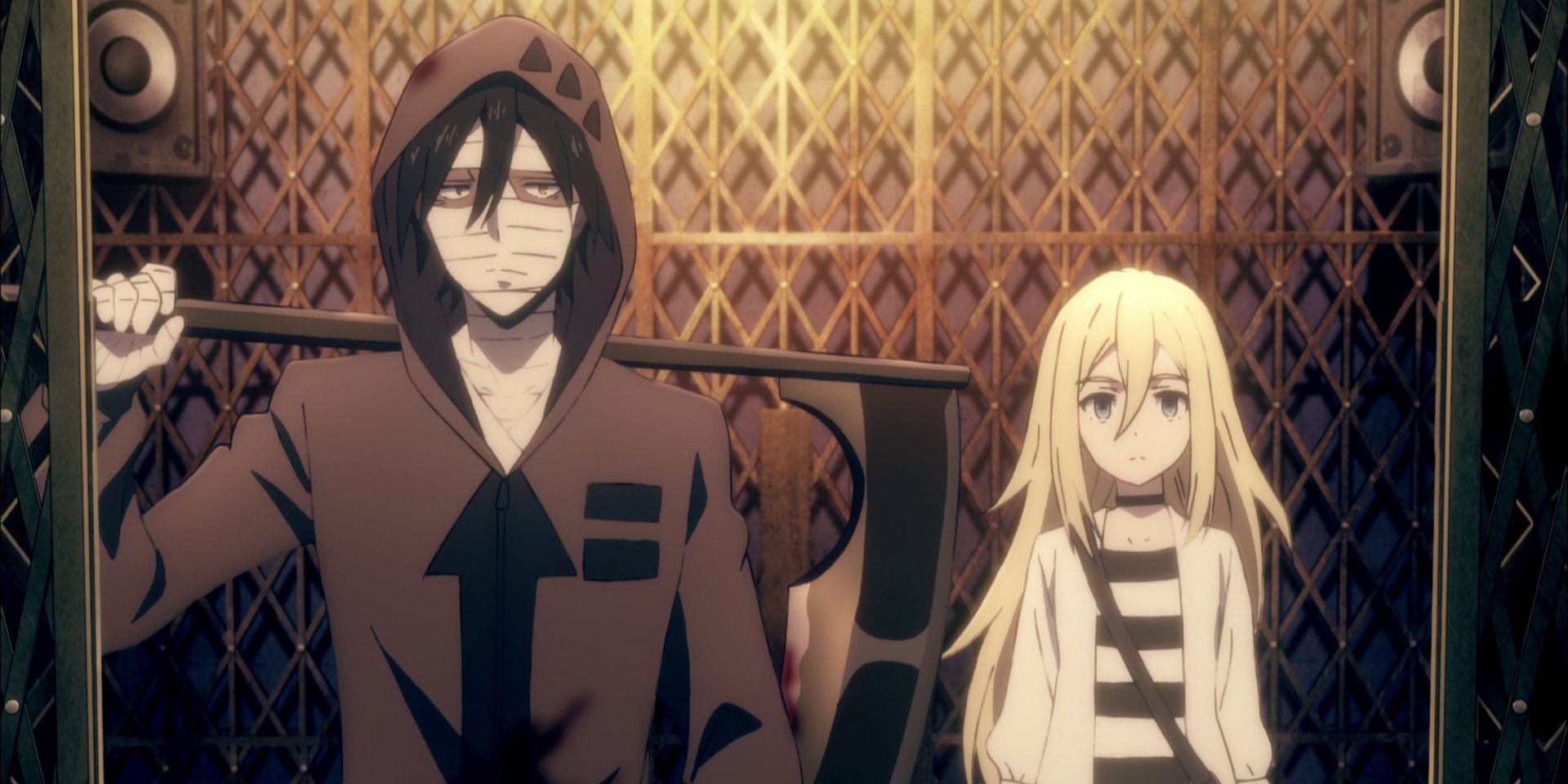 Isaac "Zack" Foster with a scythe over his shoulder and riding an elevator with Rachel Gardener in Angels of Death