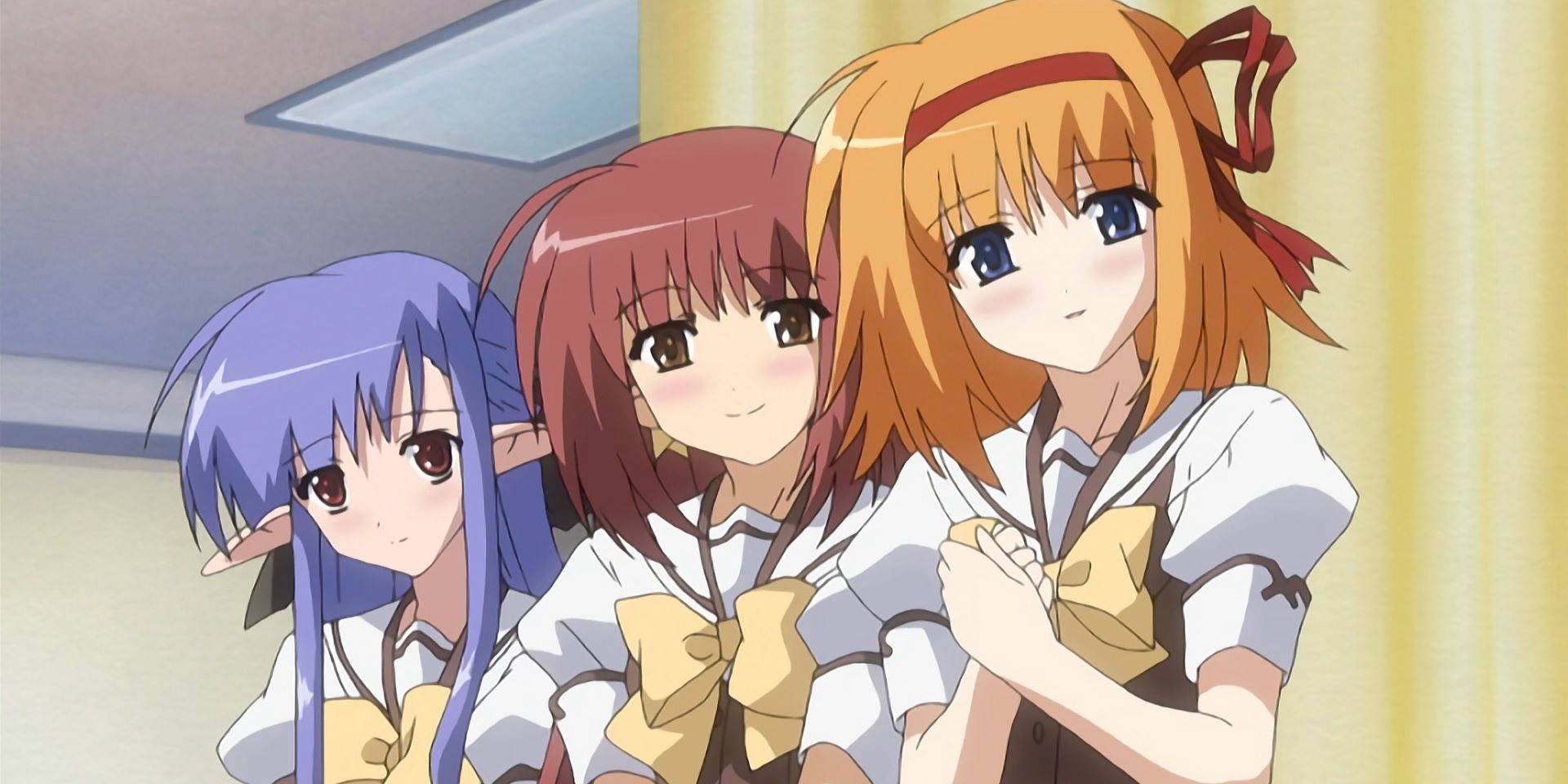 Image shows Kaede Fuyō, Lisianthus, and Nerine smiling (Shuffle!)