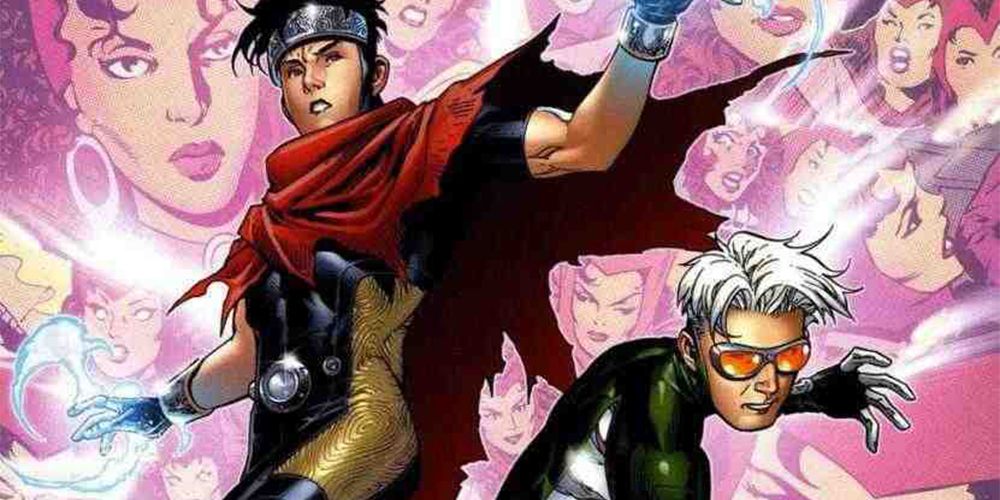 Wiccan and Speed posing in Marvel Comics with Scarlet Witch floating heads